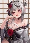  1girl absurdres bare_shoulders black_streaks blurry blurry_background blush braid breasts budget_sarashi chest_sarashi choko_(cup) cleavage commentary_request cowboy_shot cup fang flower grey_hair grey_kimono hair_bun hair_flower hair_ornament hand_up highres holding holding_cup hololive japanese_clothes kanzashi kimono large_breasts looking_at_viewer medium_hair multicolored_hair off_shoulder official_alternate_costume open_mouth ramkilog red_eyes sakamata_chloe sakamata_chloe_(new_year) sarashi seigaiha single_hair_bun skin_fang smile solo streaked_hair tsumami_kanzashi virtual_youtuber wide_sleeves 