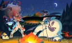  absol absurdres bright_pupils claws closed_mouth commentary commission crescent_moon fang fang_out fire frying_pan grass highres hisuian_zoroark lampent likey moon night outdoors pokemon pokemon_(creature) pokemon_focus red_eyes sky smile white_pupils x_arms 