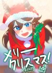  1girl :d against_desk animal_ears asymmetrical_bangs asymmetrical_hair blue_eyes blush bow christmas commentary dated dress ears_through_headwear eyes_visible_through_hair fur-trimmed_dress fur-trimmed_sleeves fur_trim green_bow hair_down highres horse_ears horse_girl horse_tail leaning_forward long_hair merry_christmas multicolored_hair omotil pom_pom_(clothes) santa_costume santa_dress scarf scarf_bow single_hair_streak smile solo sparkle sparkling_aura streaked_hair tail tokai_teio_(umamusume) translated umamusume white_streaks 