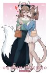  2girls absurdres animal_ear_fluff animal_ears bag bare_shoulders black_bow black_pants blue_jacket blush bow brown_bag brown_hair closed_eyes commentary commission dress english_commentary full_body furry furry_female furry_with_furry glasses green_shirt hair_bow hair_ornament hairclip heart heart_necklace highres holding_hands jacket jewelry kiss long_sleeves medium_hair mo_(k40633) multiple_girls necklace off_shoulder open_mouth original pants pink_background shirt shirt_tucked_in short_hair simple_background sparkle standing tail white_dress yuri 