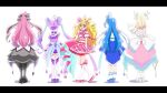  5girls absurdres ahoge aokaze_nana bare_shoulders blonde_hair blue_bow blue_dress blue_eyes blue_hair blush bow bracelet braid breasts bridal_gauntlets choker commentary_request cure_idol cure_kiss cure_kyunkyun cure_wink cure_zukyuun detached_sleeves double-parted_bangs dress earrings elbow_gloves eyelashes frilled_dress frilled_sleeves frills from_behind full_body gloves gradient_hair hair_between_eyes hair_bow hair_ornament hair_ribbon hairband happy headset heart heart-shaped_lock heart_hair_ornament highres idol_heart_incom jewelry kimi_to_idol_precure long_hair looking_at_viewer looking_back magical_girl meroron_(precure) midriff multicolored_hair multiple_earrings multiple_girls multiple_hair_bows musical_note open_mouth overskirt parted_bangs pearl_earrings pink_dress pink_hair pink_streaks plaid_bow plaid_clothes plaid_skirt ponytail precure purirun_(precure) purple_bridal_gauntlets purple_choker purple_hair purple_overskirt purple_skirt purple_streaks reaching reaching_towards_viewer ribbon sakura_uta_(precure) shigure_kokoro short_sleeves sidelocks single_bare_shoulder skirt skirt_bow sleeveless sleeveless_dress smile strapless strapless_dress streaked_hair tanaka_meron tanaka_purin teardrop_earrings twin_braids twintails two-tone_hair very_long_hair vg20_96 wavy_hair white_dress white_hairband white_sleeves yellow_eyes 