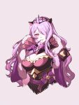  1girl armor black_armor black_tiara breasts camilla_(fire_emblem) camilla_(light_of_nohr)_(fire_emblem) cape cleavage cloak commentary_request cropped_torso crown finger_to_mouth fire_emblem fire_emblem_fates fire_emblem_heroes fur-trimmed_cape fur_cape fur_cloak fur_trim gloves grey_background hair_over_one_eye highres large_breasts long_hair looking_at_viewer minto71311 official_alternate_costume open_mouth parted_lips pink_eyes pink_hair purple_eyes purple_hair smile solo tiara very_long_hair wavy_hair 