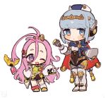  2girls :d ;d ahoge aino_(genshin_impact) android asymmetrical_legwear bandaid bandaid_on_leg bangs_pinned_back belt black_dress blue_cape blue_hair blue_hat blunt_bangs blush blush_stickers boots bowl braid bright_pupils cape chibi closed_eyes coat commentary_request double_bun dress expressionless forehead genshin_impact green_dress hair_bun hair_ornament hairband hairclip halter_dress halterneck hand_on_own_hip hat headgear highres holding holding_bowl huge_ahoge ineffa_(genshin_impact) lab_coat long_hair long_sleeves looking_at_viewer loose_socks mismatched_legwear mismatched_socks mixing_bowl multiple_girls off_shoulder one_eye_closed oooma_155 open_clothes open_coat open_mouth pink_hair pink_socks purple_eyes red_cape ringed_eyes robot_girl screw_hair_ornament short_eyebrows sidelocks simple_background sleeveless sleeveless_dress sleeves_past_fingers sleeves_past_wrists slippers smile socks standing thigh_boots two-sided_cape two-sided_fabric very_long_hair whisk white_background white_belt white_boots white_coat white_pupils white_socks x_hair_ornament yellow_slippers 