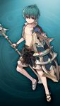  1boy aqua_background artist_request black_shorts blue_shirt closed_mouth collarbone ex_(grimms_notes) ex_(summer)_(grimms_notes) full_body game_asset grimms_notes holding holding_polearm holding_shield holding_weapon looking_at_viewer male_focus navel non-web_source official_art open_clothes open_shirt parody polearm sandals shield shirt short_hair short_sleeves shorts smile solo style_parody weapon 