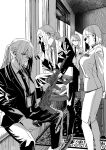  4girls absurdres ak-12 ak-12_(girls'_frontline) ak-12_(lucia)_(girls'_frontline) ak-15 ak-15_(erwin)_(girls'_frontline) ak-15_(girls'_frontline) an-94_(antje)_(girls'_frontline) an-94_(girls'_frontline) assault_rifle bare_legs black_necktie black_suit defy_(girls'_frontline) dress_shoes girls'_frontline glasses gun highres holding holding_weapon id_card indoors kalashnikov_rifle light_machine_gun long_hair machine_gun monochrome multiple_girls necktie pants pencil_skirt ponytail rifle rpk-16 rpk-16_(girls'_frontline) rpk-16_(renate)_(girls'_frontline) shirt short_hair sitting skirt standing suit sunlight utsuda weapon white_hair white_shirt white_suit window 