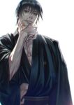  1boy arm_out_of_sleeve black_eyes black_hair black_kimono commentary_request fushiguro_toji hair_between_eyes hand_on_own_chin highres japanese_clothes jujutsu_kaisen kimono looking_at_viewer male_focus muscular muscular_male red_pupils scar scar_on_face scar_on_mouth short_hair simple_background solo standing upper_body w55674570w white_background wide_sleeves 