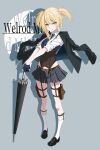  1girl absurdres bare_legs black_gloves black_jacket blonde_hair blue_gloves blue_necktie blue_skirt blue_vest breasts brown_corset character_name commentary_request corset expressionless full_body girls'_frontline girls'_frontline_2:_exilium gloves green_eyes half_gloves highres holding holding_umbrella holster jacket jacket_on_shoulders light_frown looking_at_viewer medium_breasts medium_hair miniskirt necktie open_clothes open_jacket shirt skirt solo standing striped_clothes striped_skirt thigh_holster thighs twintails umbrella vertical-striped_clothes vertical-striped_skirt vest welrod_(girls'_frontline_2) welrod_mkii_(girls'_frontline) white_shirt yukari_(mzzu7342) 