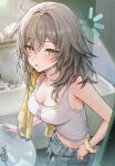  1girl absurdres alternate_costume bathroom bathtub breasts buttons camisole cleavage commentary grey_camisole grey_hair grey_pants hair_between_eyes highres honkai:_star_rail honkai_(series) indoors large_breasts loading_icon looking_at_viewer medium_hair midriff_peek navel pants parted_lips scrunchie sink solo stelle_(honkai:_star_rail) towel towel_on_one_shoulder trailblazer_(honkai:_star_rail) wrist_scrunchie yellow_eyes zije 