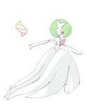  1girl absurdres bob_cut colored_skin dress elbow_gloves gardevoir gloves green_hair highres mega_evolution_symbol mega_gardevoir mega_pokemon pink_eyes pokemon pokemon_(creature) qsvr_9 simple_background white_background white_dress white_gloves white_skin 