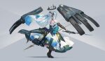  1girl bare_shoulders black_boots black_gloves boots closed_eyes closed_mouth commentary_request dress elbow_gloves floating_hair gloves grey_background grey_dress grey_hair halo headgear highres holding holding_sword holding_weapon lace-up_boots long_hair mecha_musume natori_youkai off-shoulder_dress off_shoulder original profile solo standing sword very_long_hair weapon 