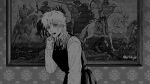  1girl biting biting_own_finger black_dress chainsaw_man collared_shirt dress famine_devil_(chainsaw_man) four_horsemen_of_the_apocalypse_(1887_painting) fourth_east_high_school_uniform gitokuja greyscale hand_up highres indoors long_hair looking_at_viewer messy_hair monochrome neck_ribbon painting_(object) pinafore_dress ribbon ringed_eyes school_uniform shirt sleeveless sleeveless_dress solo standing sweat twitter_username upper_body white_shirt 
