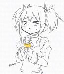  >_< 1girl abutomato bow bowtie collared_shirt disgust dot_nose food fruit furrowed_brow hair_between_eyes hair_ribbon high_collar holding holding_food holding_fruit jewelry juliet_sleeves kaname_madoka lace-trimmed_sleeves lace_trim layered_shirt lemon light_blush lineart long_sleeves mahou_shoujo_madoka_magica mahou_shoujo_madoka_magica_(anime) mitakihara_school_uniform pocket puffy_sleeves ribbon ring school_uniform shirt short_hair short_twintails simple_background sleeve_cuffs sleeves_past_wrists solo spot_color twintails twitter_username upper_body white_background x_mouth 