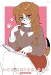  1girl absurdres animal_ears blush braid brown_eyes brown_hair brown_sweater commentary commission dog_ears dog_girl english_commentary feet_out_of_frame furry furry_female glasses highres holding long_hair long_sleeves looking_at_viewer mo_(k40633) parted_lips paw_print paw_print_background pink_background red_skirt sitting skirt solo sweater sweater_tucked_in tail thighs 