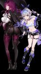  2girls ass asymmetrical_footwear black_background black_boots black_gloves black_shorts boots breasts commentary_request covered_nipples crop_top drill_hair earrings fingerless_gloves full_body fur-trimmed_jacket fur_trim gloves goggles goggles_on_head gradient_hair grey_hair high-waist_shorts highres honkai:_star_rail honkai_(series) huge_ass jacket jacket_on_shoulders jewelry kafka_(honkai:_star_rail) large_breasts long_hair looking_at_viewer micro_shorts midriff multicolored_hair multiple_girls navel open_clothes open_jacket pantyhose pince-nez purple_gloves purple_hair purple_pantyhose saint_laurent_paris shirt shorts silver_wolf_(honkai:_star_rail) simple_background single_strap small_breasts sunglasses thigh_boots tongue tongue_out two-tone_hair v white_shirt 