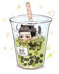  1boy anger_vein animal_ears animal_feet animal_hands black_eyes blue_jacket blush_stickers brown_cloak brown_hair bubble_tea cat_ears cat_tail cloak commentary_request cup disposable_cup drinking_straw facial_hair goatee_stubble golden_kamuy hair_slicked_back jacket ma9l4raa male_focus ogata_hyakunosuke partially_submerged pouch scar scar_on_cheek scar_on_face simple_background solid_eyes solo sparkle stubble tail white_background 