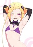  1girl absurdres armpits arms_behind_head arms_up bikini blonde_hair capella_emerada_lugnica commentary english_commentary fangs flat_chest highres looking_at_viewer one_eye_closed open_mouth presenting_own_armpit purple_bikini purple_eyes re:zero_kara_hajimeru_isekai_seikatsu ribs short_hair shrug_(clothing) simple_background smile solo sorashikomi swimsuit 