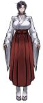  1girl absurdres arms_at_sides black_nails bow breasts bright_pupils closed_mouth collarbone commentary ear_piercing earclip earrings english_commentary finger_tattoo full_body hair_between_eyes hair_over_one_eye hand_tattoo highres jacket japanese_clothes jewelry kimono kobun0 large_breasts lips long_skirt long_sleeves looking_at_viewer medium_hair miko_(kobun0) mole mole_under_mouth neck_tattoo nose open_clothes open_jacket original piercing pink_eyes purple_hair red_bow red_skirt shoes simple_background sketch skirt socks solo standing straight-on tattoo toes tomboy white_background white_kimono white_pupils white_socks wide_sleeves wolf_cut 