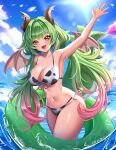 1girl absurdres animal_print arm_up bikini biyo_yoo blue_sky blush breasts cleavage cloud commentary cow_print cow_print_bikini day dragon_girl dragon_horns dragon_tail dragon_wings english_commentary eyelashes fang glitch_stars gradient_hair green_hair hair_intakes highres holding holding_swim_ring horn_ornament horn_ribbon horns lens_flare lips multicolored_hair navel open_mouth outdoors pink_eyes pink_hair print_bikini ribbon second-party_source shiny_skin side-tie_bikini_bottom skin_fang sky smile solo stimpak_(glitch_stars) stomach sun swim_ring swimsuit tail teeth two-tone_hair upper_teeth_only virtual_youtuber wading water white_ribbon wings 