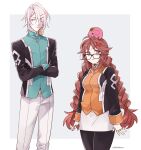  1boy 1girl arms_at_sides artist_name black-framed_eyewear black_pantyhose breasts brown_eyes chaldea_logo chaldea_staff_uniform commentary_request cowboy_shot crossed_arms earrings fate/grand_order fate_(series) glasses highres jewelry jinako_carigiri karna_(fate) large_breasts long_hair long_sleeves looking_at_viewer low_twintails multiple_rings pantyhose plump ring rokkasana short_hair single_earring skirt sweatdrop twintails twitter_username white_skirt 