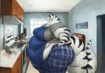  anthro appliance apron belly belly_overhang bottomwear butter california_kingsnake cettus clothing cooking cupboard dairy_products egg fat_rolls female food hi_res inside kitchen maeve_gibson morbidly_obese obese obese_anthro obese_female overweight overweight_anthro overweight_female pants reptile scalie shirt snake solo standing stove striped_body stripes thick_tail topwear white_body white_skin window 