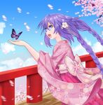  1girl blue_eyes blue_sky blush braid bridge cherry_blossoms choujigen_game_neptune cloud commentary day english_commentary falling_petals floral_print floral_print_kimono flower hair_flower hair_ornament highres japanese_clothes kimono long_hair neptune_(series) open_mouth outdoors petals pink_flower pink_kimono pink_petals power_symbol power_symbol-shaped_pupils print_kimono purple_hair purple_heart_(neptunia) railing shin_jigen_game_neptune_vii sky smile solo spring_(season) symbol-shaped_pupils tree twin_braids very_long_hair wide_sleeves wooden_bridge xdlloyd091x 
