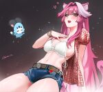  1girl absurdres adammaarr animal_ears belt bikini blue_shorts blush breasts brown_belt chattino_(raora_panthera) commentary cosplay fang hair_intakes hand_on_own_chest heart highres hololive hololive_english jewelry kwon_eun-bi kwon_eun-bi_(cosplay) large_breasts long_hair looking_at_viewer multicolored_hair navel open_clothes open_mouth open_shirt panther_ears panther_girl panther_tail pink_hair pink_lips pink_tail plaid_clothes plaid_shirt raora_panthera real_life red_shirt ring shirt short_sleeves shorts sparkle stomach streaked_hair swimsuit tail teeth thighs twitter_username two-tone_hair upper_teeth_only virtual_youtuber white_bikini yellow_eyes 