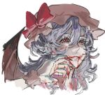  1girl bat_wings blood blood_on_hand blood_on_mouth blue_hair bow closed_mouth commentary_request fingernails half-closed_eyes hand_up hat hat_bow kitunegasak light_frown medium_hair mob_cap pink_hat portrait red_bow red_eyes remilia_scarlet sharp_fingernails simple_background solo touhou vampire white_background wings wiping_blood wrist_cuffs 