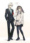  1boy 1girl absurdres alternate_costume aqua_necktie arknights armband belt belt_buckle bespectacled black_belt black_hairband black_jacket black_pants black_pantyhose black_shoes black_skirt breasts brown_hair buckle cardigan chinese_commentary clipboard collared_shirt commentary_request doctor_(anime)_(arknights) doctor_(arknights) full_body glasses gradient_background grey_eyes hair_between_eyes hair_over_shoulder hairband hand_in_pocket highres holding holding_clipboard holding_id_card holding_pen id_card jacket loafers long_hair long_sleeves low_ponytail male_doctor_(arknights) medium_breasts neck_ribbon necktie open_cardigan open_clothes pants pantyhose pen pleated_skirt ponytail priestess_(arknights) purple_ribbon red_armband ribbon school_uniform semi-rimless_eyewear shirt shoes simple_background skirt speech_bubble standing sweater turtleneck turtleneck_sweater white_cardigan white_hair white_jacket white_shirt white_sweater yomi_tamashi 