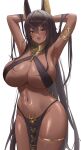  1girl absurdres animal_ears anubis_(mythology) areola_slip armpits arms_behind_head arms_up bangs bare_shoulders biya_(1024) black_hair blue_gemstone blush breasts cleavage commentary dark-skinned_female dark_areolae dark_skin egyptian_clothes gem highres huge_breasts jackal_ears long_hair looking_at_viewer navel open_mouth original pelvic_curtain revealing_clothes revision shiny shiny_skin sibuna_(biya_(1024)) simple_background smile solo stomach thick_thighs thighs very_long_hair white_background wide_hips yellow_eyes 