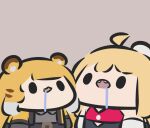  2girls ahoge animal_ears blonde_hair brown_background chibi cissia_(zenless_zone_zero) collared_shirt commentary drooling grey_shirt jacket ju_fufu long_hair multiple_girls open_mouth shirt simple_background superappleman tiger_ears tiger_girl untranslatable_commentary yellow_jacket zenless_zone_zero 