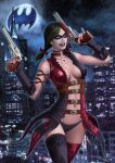  1girl asymmetrical_legwear blue_eyes breasts dc_comics gloves green_hair gun harley_quinn holding injustice:_gods_among_us iury_padilha justice_league looking_at_viewer makeup mask medium_breasts mismatched_legwear multicolored_hair navel panties purple_panties purple_thighhighs red_thighhighs revolver smile solo thighhighs twintails underwear weapon 