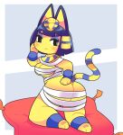  3_fingers 3_toes absurd_res animal_crossing ankha_(animal_crossing) anthro big_breasts blue_hair breasts butt cleavage clothed clothing digital_media_(artwork) domestic_cat egyptian eyelashes eyeshadow feet felid feline felis female fingers frown fur hair hand_on_butt hand_on_face hi_res kneeling looking_back makeup mammal nintendo on_pillow onigiri_punch pawpads pillow simple_background solo toes video_games wraps yellow_body yellow_fur 