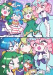  6+girls absurdres apron ascot black_hairband black_vest blonde_hair blue_capelet blue_eyes blue_hat blue_kimono bow bowtie braid brown_hair capelet cuffs detached_sleeves dress fang fang_out frilled_bow frilled_hair_tubes frilled_kimono frills ghost ghost_tail green_dress green_eyes green_hair green_skirt green_vest grey_hair hair_bow hair_ornament hair_tubes hairband hakurei_reimu handcuffs hat hat_bow highres japanese_clothes kimono kirisame_marisa konpaku_youmu kurarasima_gako long_hair long_sleeves mima_(touhou) miyadeguchi_mizuchi mob_cap multiple_girls ofuda ofuda_on_clothes open_mouth pink_eyes pink_hair pointy_ears red_bow red_skirt ribbon saigyouji_yuyuko sharp_teeth shirt short_hair side_braid single_braid skirt skirt_set skull_hair_ornament smile soga_no_tojiko solo species_connection staff striped_clothes striped_shirt striped_skirt sun_print sun_symbol tate_eboshi teeth touhou touhou_(pc-98) triangular_headpiece vest waist_apron white_bow wide_sleeves witch_hat wizard_hat yellow_bow yellow_bowtie 