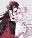  2girls alternate_costume back_bow bare_back bare_shoulders black_choker black_dress black_hair bow bow_flower bowtie choker commentary_request crown dress flower frilled_dress frills gradient_hair hair_flower hair_ornament hair_ribbon hug korean_commentary layered_dress layered_skirt long_hair mahou_shoujo_no_majo_saiban multicolored_hair multiple_girls nikaido_hiro off-shoulder_dress off_shoulder pink_eyes pink_hair pinkisangel red_eyes red_skirt ribbon sakuraba_ema short_hair simple_background skirt sleeveless sleeveless_dress white_background white_bow white_dress white_hair wrist_ribbon x_hair_ornament yuri 