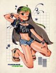  1girl absurdres ahoge bikini bikini_under_clothes black_bra black_hair black_nails blue_shorts bra bracelet can collar collarbone commentary english_commentary friedbaens full_body green_hair grid_background highleg highleg_bikini highres holding holding_can jewelry kneeling korn_(band) long_hair looking_at_viewer midriff monster_energy multicolored_hair nail_polish navel one_eye_closed open_fly original print_shirt shirt short_shorts shorts smile solo spiked_bracelet spiked_collar spikes streetwear swimsuit toenail_polish toenails two-tone_hair underwear 