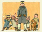  1girl 5boys aged_down anger_vein angry animal_collar arms_behind_back black_eyes blue_coat blue_eyes border brown_mittens brown_shoes buttons cikapasi closed_mouth coat collar commentary_request double-breasted dress enonoka facial_hair fighting fur-trimmed_vest fur_trim goatee golden_kamuy grabbing_another's_hair hat holding_another's_hair kepi koito_otonoshin leg_warmers looking_at_viewer looking_to_the_side military_hat military_uniform mittens multiple_boys nekoyanaginekoko outside_border peaked_cap pouch robe runny_nose ryu_(golden_kamuy) scarf shoes short_hair simple_background snot sugimoto_saichi sweatdrop tanigaki_genjirou teeth topknot tsukishima_hajime twitter_username very_short_hair vest white_border white_coat white_dress white_hat white_robe yellow_background yellow_eyes yellow_scarf 