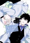  2boys black_hair buttons camera character_request collared_shirt commentary_request copyright_request fingernails green_eyes grey_hair jacket lapels layered_clothes layered_sleeves looking_at_another male_focus multiple_boys necktie nishima_nakamichi notched_lapels open_clothes open_collar open_jacket parted_lips purple_necktie shirt short_hair translation_request twitter_username upper_body white_background wing_collar 