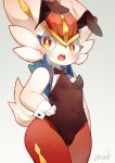  1boy animal_ears animal_nose arm_at_side artist_name black_bow black_bowtie black_leotard blue_fur blush body_fur bow bowtie bright_pupils buck_teeth bulge cinderace commentary_request covered_navel crossdressing crossdressing_(mtf) detached_collar furry furry_male grey_background hand_on_own_hip highres leotard looking_at_viewer male_focus male_playboy_bunny minamo_(minamoto_minamo) multicolored_fur open_mouth partial_commentary pokemon pokemon_(creature) rabbit_ears rabbit_girl rabbit_tail red_eyes red_fur red_hair short_hair short_tail signature simple_background solo strapless strapless_leotard sweat tail teeth thick_thighs thighs traditional_bowtie trap uneven_eyes white_fur white_pupils wide_hips wrist_cuffs 