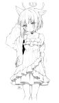 1girl alternate_costume animal_ear_fluff animal_ears anzu_ame arm_behind_back bare_shoulders blue_archive blunt_bangs blunt_ends blush bob_cut cat_ears cat_girl choker collarbone commentary_request cropped_legs dress ear_blush extra_ears feet_out_of_frame fidgeting frilled_dress frills hair_behind_ear hair_ornament hairclip halo hand_blush hand_up highres jacket jacket_partially_removed kazusa_(blue_archive) looking_at_viewer making-of_available monochrome motion_lines open_clothes open_jacket open_mouth playing_with_own_hair short_hair shy signature simple_background sleeveless sleeveless_dress solo spaghetti_strap twitter_username white_background 