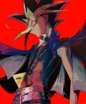  1boy belt black_choker black_hair black_shirt blonde_hair blue_cape cape chain choker closed_mouth commentary from_side highres kao_(gururincho) male_focus millennium_puzzle multicolored_hair profile purple_hair red_background shirt simple_background sleeveless sleeveless_shirt solo spiked_hair yami_yugi yu-gi-oh! yu-gi-oh!_duel_monsters 