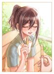  1girl 1other :d absurdres bare_arms bench blush brown_hair casual closed_eyes commentary day facing_viewer hair_between_eyes highres jjum_pp kimi_no_koto_ga_dai_dai_dai_dai_daisuki_na_100-nin_no_kanojo meido_mei open_mouth outdoors ponytail popsicle_stick pov pov_hands short_ponytail short_sleeves sitting smile 