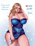  1girl aqua_eyes ave_poppea bare_shoulders blonde_hair blue_eyeshadow blue_gem blush breasts collarbone commentary cowboy_shot crystal_maiden dota_(series) english_commentary english_text eyeshadow forehead forehead_jewel full-face_blush gem hand_on_own_head highres huge_breasts legs lips long_hair looking_at_viewer makeup nose nostrils pelvic_curtain simple_background solo speech_bubble star_(symbol) strip_game sweat thighs white_background 