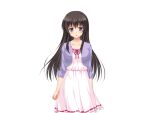  1girl aomi_riru black_hair blush breasts cardigan cowboy_shot dress game_asset hair_between_eyes half-closed_eyes large_breasts large_variant_set layered_clothes long_hair long_sidelocks mikami_juri non-web_source official_art open_mouth raised_inner_eyebrows self-datamine sidelocks simple_background solo standing tachi-e transparent_background variant_set wavy_mouth yumemi_ga_cheek! 