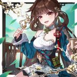  1girl bell border breasts brown_eyes brown_hair bubble_tea chinese_commentary commentary_request cup detached_sleeves disposable_cup dress green_dress hair_bell hair_ornament henjiwumei highres holding holding_cup honkai_(series) honkai_impact_3rd large_breasts li_sushang li_sushang_(peregrine_sword) long_hair looking_at_viewer open_mouth smile solo two-tone_dress very_long_hair white_border white_dress 