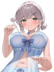  1girl absurdres babydoll blue_babydoll blue_choker blue_shorts blush breasts choker cleavage closed_mouth commentary_request green_eyes grey_hair hair_ornament hairclip highres hololive kumoru_(kumoru_145) large_breasts looking_at_viewer medium_hair mimikaki official_alternate_costume shirogane_noel shirogane_noel_(sleepwear) shorts smile solo virtual_youtuber 