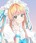  1girl :3 blonde_hair blue_background blue_bow blue_ribbon blush bow center_frills closed_mouth commentary dress frilled_wrist_cuffs frills gradient_background gradient_hair green_eyes hair_intakes hair_over_breasts hair_ribbon hand_on_own_cheek hand_on_own_face hand_up hololive long_hair looking_at_viewer maid maid_headdress momosuzu_nene momosuzu_nene_(maid) multicolored_hair nail_polish official_alternate_costume official_alternate_hairstyle pink_hair pink_nails puffy_short_sleeves puffy_sleeves ribbon shirt short_sleeves smile solo streaked_hair twintails upper_body uuoftn virtual_youtuber white_dress white_shirt wrist_cuffs 