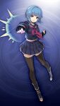  1girl artist_request blue_background blue_boots blue_eyes blue_hair blue_serafuku blue_skirt boots breasts brown_thighhighs clenched_hands fam_(gakuen)_(grimms_notes) fam_(grimms_notes) fingerless_gloves game_asset gloves grimms_notes grimms_notes_gakuen hand_up long_sleeves looking_at_viewer neckerchief non-web_source official_art outstretched_arm parody parted_lips pleated_skirt puffy_long_sleeves puffy_sleeves punching red_neckerchief school_uniform serafuku short_hair_with_long_locks skirt smile solo style_parody thighhighs v-shaped_eyebrows 