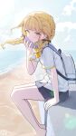 1girl backpack bag beach black_skirt blonde_hair blush braid closed_mouth commentary_request fujita_kotone gakuen_idolmaster hair_ornament hair_ribbon hairclip highres holding idolmaster long_hair looking_at_viewer ningen_mame ocean outdoors ribbon shirt short_sleeves sitting skirt sky smile solo twin_braids water white_bag white_shirt yellow_eyes 