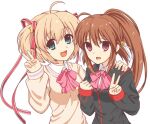  2girls :d ahoge bell black_jacket blue_eyes bow bowtie brown_hair brown_sweater collared_shirt commentary_request hair_bell hair_ornament hair_ribbon hand_on_another's_shoulder hands_up highres jacket jingle_bell kamikita_komari kamuba7772008 little_busters! little_busters!_school_uniform long_hair long_sleeves multiple_girls natsume_rin nervous open_mouth peanut_mouth pink_bow pink_bowtie ponytail red_eyes red_ribbon ribbon school_uniform shirt short_hair simple_background sleeves_past_wrists smile star_(symbol) star_hair_ornament sweater two_side_up upper_body v white_background white_ribbon white_shirt 