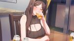  1girl alcohol beer blush breast_rest breasts breasts_on_table brown_hair chair cleavage cleavage_cutout closed_eyes clothing_cutout cross cross_necklace cup drinking game_asset head_tilt highres holding holding_cup indoors jewelry large_breasts long_hair long_sidelocks necklace non-web_source official_art on_chair s.u._(simpleu818) self-datamine shinonome_kasumi sidelocks sitting sleeveless sleeveless_sweater solo summer_clover sweater variant_set 